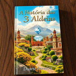 A realistic and visually stunning book cover for 'A História das 3 Aldeias' featuring three distinct and detailed villages: Aldeia Amarela (Yellow Village) with vibrant yellow flowers and warm sunlight, Aldeia Diamante (Diamond Village) shimmering with sparkling jewels and reflective surfaces, and Aldeia dos Ricos (Rich Village) showcasing elegant mansions and opulent surroundings