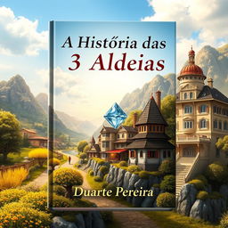 A realistic and visually stunning book cover for 'A História das 3 Aldeias' featuring three distinct and detailed villages: Aldeia Amarela (Yellow Village) with vibrant yellow flowers and warm sunlight, Aldeia Diamante (Diamond Village) shimmering with sparkling jewels and reflective surfaces, and Aldeia dos Ricos (Rich Village) showcasing elegant mansions and opulent surroundings