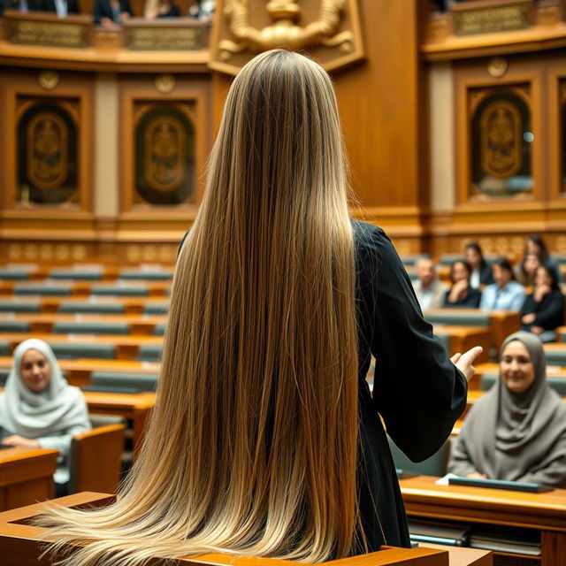 Inside a parliament hall, a stunning female parliament member stands at the podium, her very long, silky, and flowing hair cascading down freely, beautifully framing her face which is clearly visible