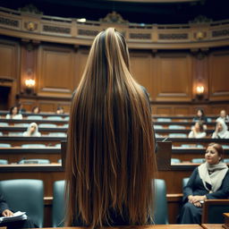 Inside a parliament hall, a stunning female parliament member stands at the podium, her very long, silky, and flowing hair cascading down freely, beautifully framing her face which is clearly visible