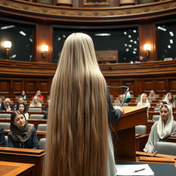 Inside a parliament hall, a stunning female parliament member stands at the podium, her very long, silky, and flowing hair cascading down freely, beautifully framing her face which is clearly visible