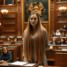 Inside a parliament hall, a stunning female parliament member stands at the podium, her very long, silky, and flowing hair cascading down freely, beautifully framing her face which is clearly visible