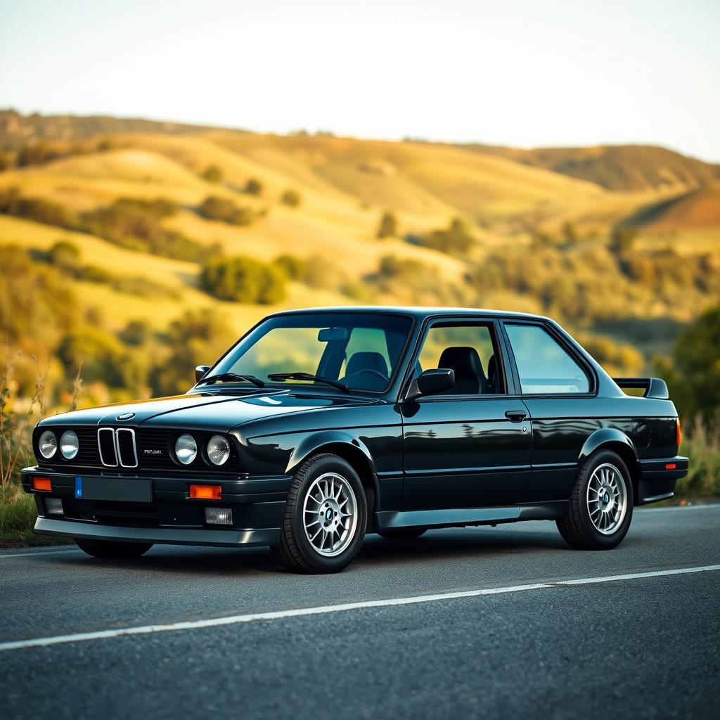 A black BMW E30 parked on a scenic road, surrounded by a lush and realistic landscape featuring rolling hills, vibrant greenery, and a clear blue sky