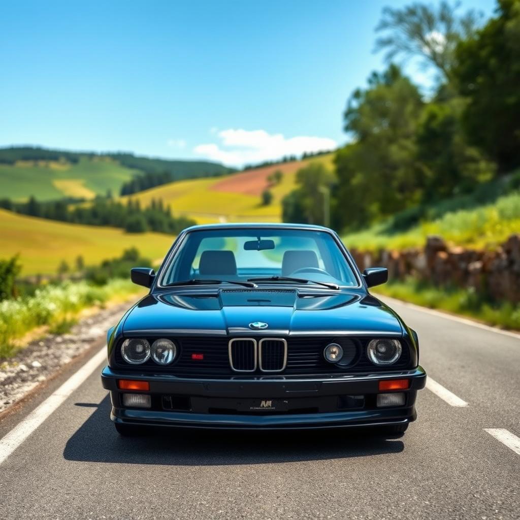 A black BMW E30 parked on a scenic road, surrounded by a lush and realistic landscape featuring rolling hills, vibrant greenery, and a clear blue sky