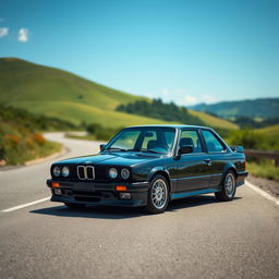 A black BMW E30 parked on a scenic road, surrounded by a lush and realistic landscape featuring rolling hills, vibrant greenery, and a clear blue sky