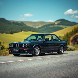 A black BMW E30 parked on a scenic road, surrounded by a lush and realistic landscape featuring rolling hills, vibrant greenery, and a clear blue sky