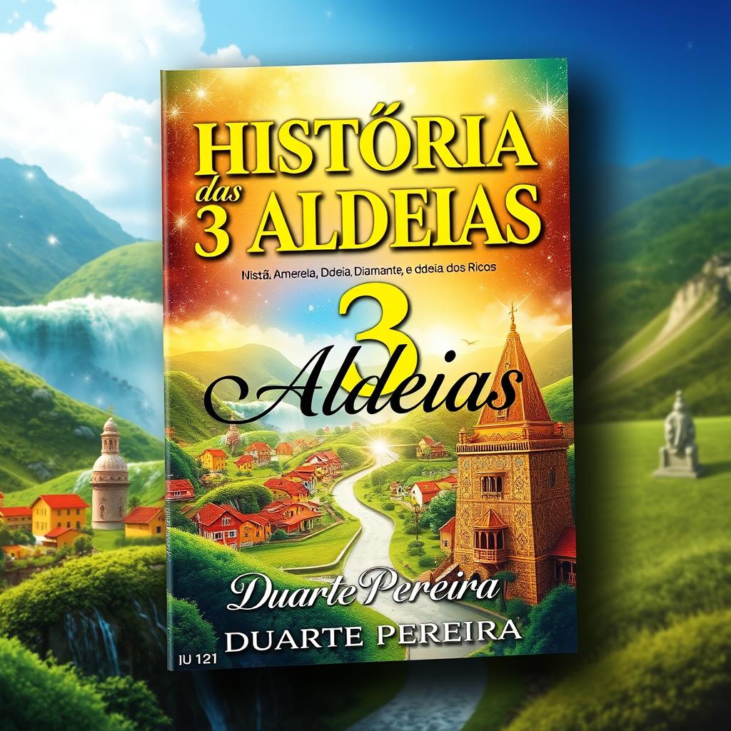 A visually striking book cover design titled 'História das 3 Aldeias: Aldeia Amarela, Aldeia Diamante, e Aldeia dos Ricos', featuring a vibrant landscape that incorporates elements from each of the three villages