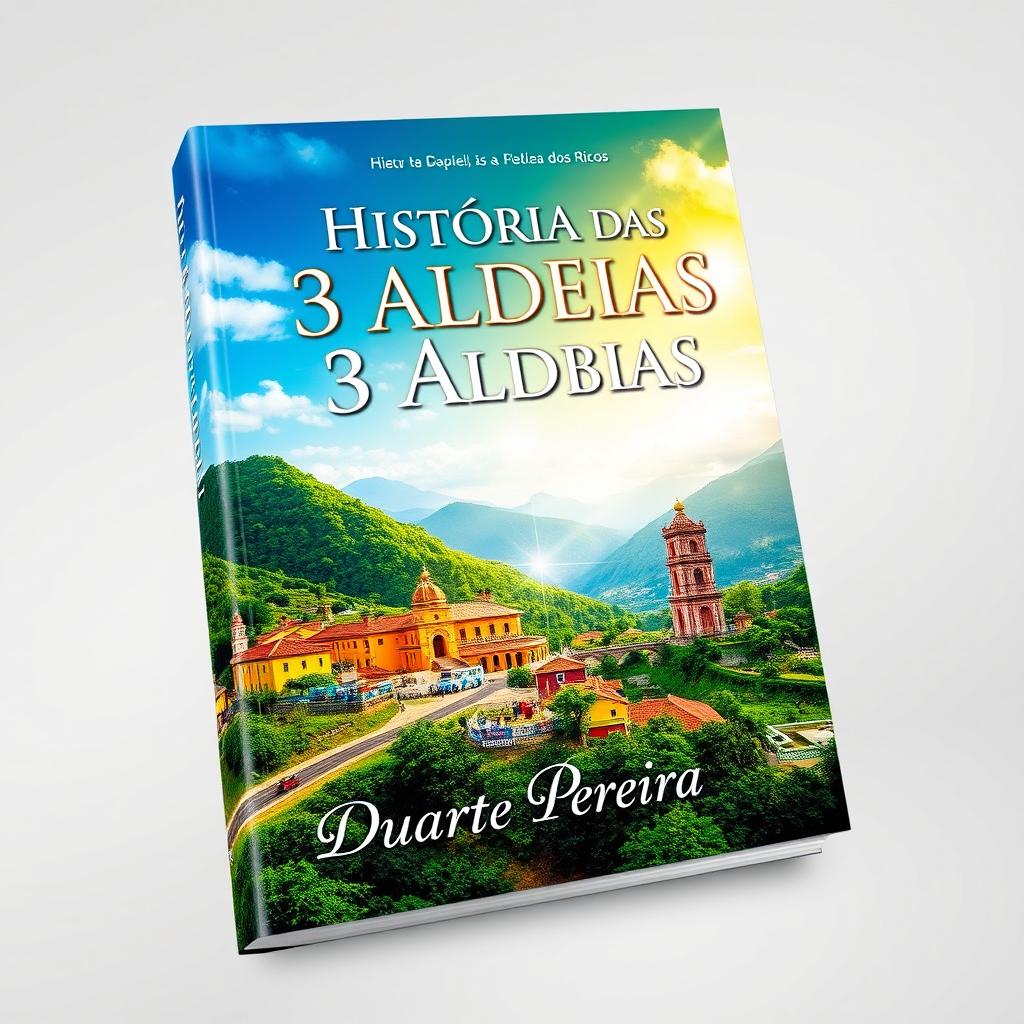 A visually striking book cover design titled 'História das 3 Aldeias: Aldeia Amarela, Aldeia Diamante, e Aldeia dos Ricos', featuring a vibrant landscape that incorporates elements from each of the three villages