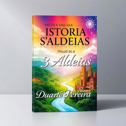 A visually striking book cover design titled 'História das 3 Aldeias: Aldeia Amarela, Aldeia Diamante, e Aldeia dos Ricos', featuring a vibrant landscape that incorporates elements from each of the three villages