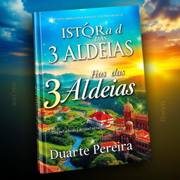 A visually striking book cover design titled 'História das 3 Aldeias: Aldeia Amarela, Aldeia Diamante, e Aldeia dos Ricos', featuring a vibrant landscape that incorporates elements from each of the three villages