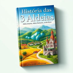 A stunning book cover design titled 'História das 3 Aldeias: Aldeia Amarela, Aldeia Diamante, e Aldeia dos Ricos', showcasing a realistic artistic portrayal of three distinct village landscapes