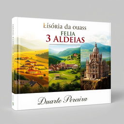 A stunning book cover design titled 'História das 3 Aldeias: Aldeia Amarela, Aldeia Diamante, e Aldeia dos Ricos', showcasing a realistic artistic portrayal of three distinct village landscapes