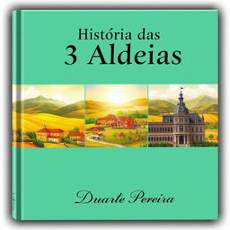 A stunning book cover design titled 'História das 3 Aldeias: Aldeia Amarela, Aldeia Diamante, e Aldeia dos Ricos', showcasing a realistic artistic portrayal of three distinct village landscapes