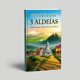 A stunning book cover design titled 'História das 3 Aldeias: Aldeia Amarela, Aldeia Diamante, e Aldeia dos Ricos', showcasing a realistic artistic portrayal of three distinct village landscapes