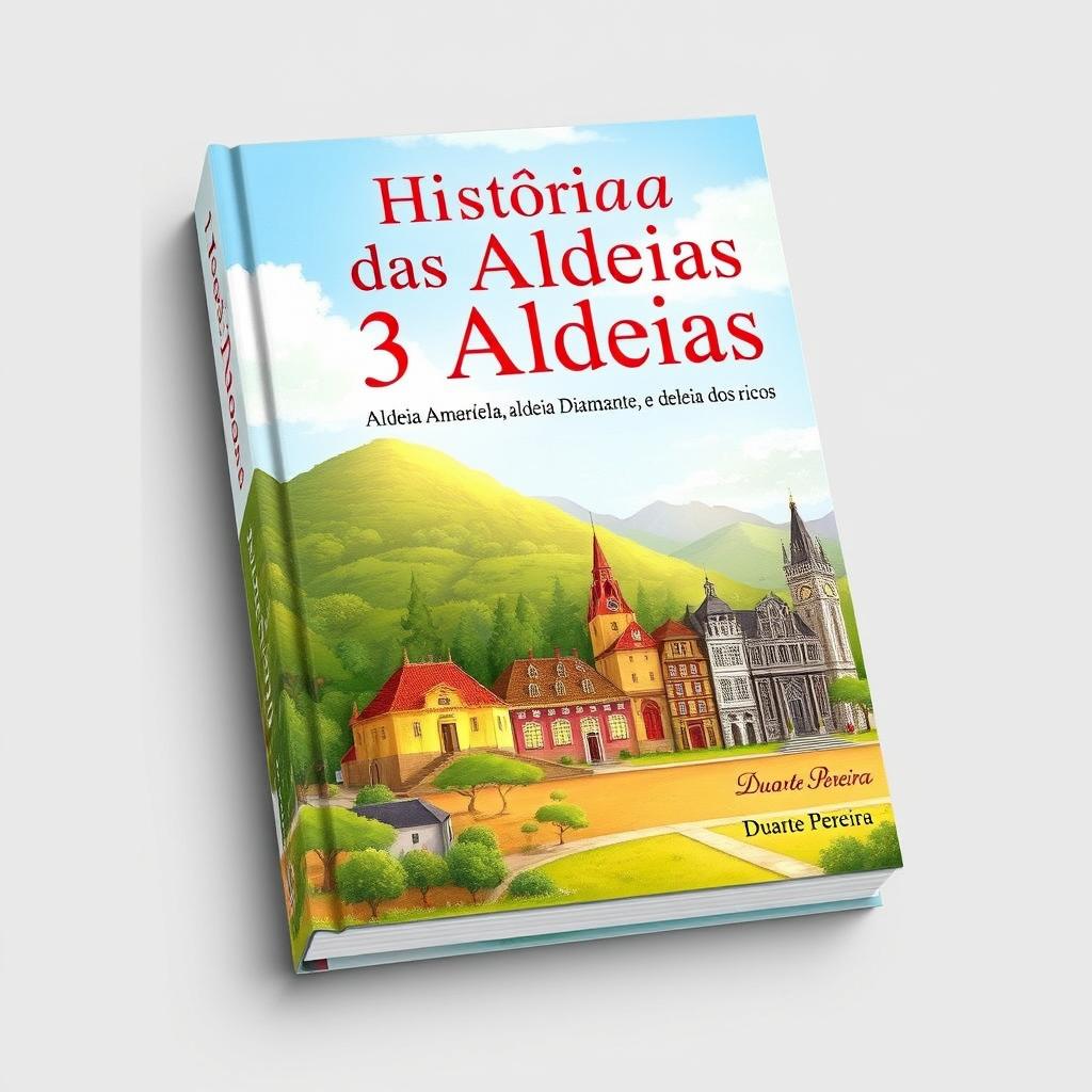 A captivating book cover named 'História das 3 Aldeias: Aldeia Amarela, Aldeia Diamante, e Aldeia dos Ricos', featuring a realistic landscape illustration that beautifully blends the three villages