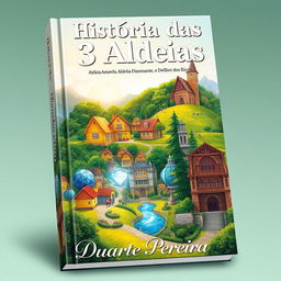 A captivating book cover named 'História das 3 Aldeias: Aldeia Amarela, Aldeia Diamante, e Aldeia dos Ricos', featuring a realistic landscape illustration that beautifully blends the three villages