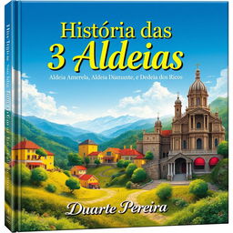 A captivating book cover named 'História das 3 Aldeias: Aldeia Amarela, Aldeia Diamante, e Aldeia dos Ricos', featuring a realistic landscape illustration that beautifully blends the three villages