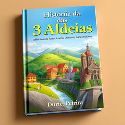 A captivating book cover named 'História das 3 Aldeias: Aldeia Amarela, Aldeia Diamante, e Aldeia dos Ricos', featuring a realistic landscape illustration that beautifully blends the three villages