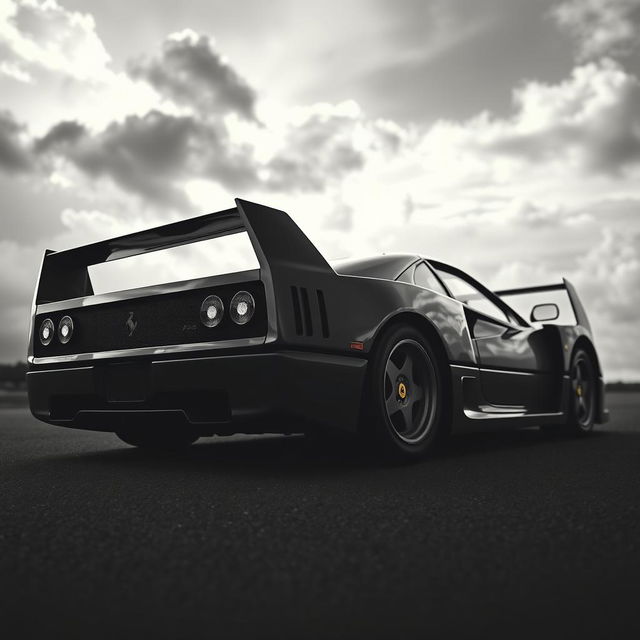 A stunning cinematic portrait photograph of a Ferrari F40, captured in black and white