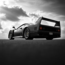 A stunning cinematic portrait photograph of a Ferrari F40, captured in black and white