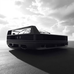 A stunning cinematic portrait photograph of a Ferrari F40, captured in black and white