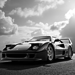 A stunning cinematic portrait photograph of a Ferrari F40, captured in black and white