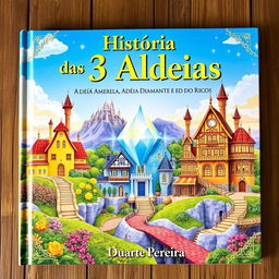 An enchanting book cover titled 'História das 3 Aldeias: Aldeia Amarela, Aldeia Diamante e Aldeia dos Ricos', showcasing a vivid and realistic depiction of three unique village landscapes