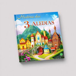 An enchanting book cover titled 'História das 3 Aldeias: Aldeia Amarela, Aldeia Diamante e Aldeia dos Ricos', showcasing a vivid and realistic depiction of three unique village landscapes