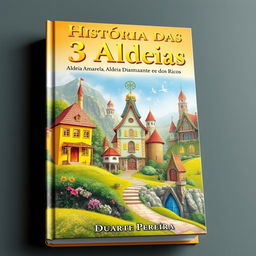 An enchanting book cover titled 'História das 3 Aldeias: Aldeia Amarela, Aldeia Diamante e Aldeia dos Ricos', showcasing a vivid and realistic depiction of three unique village landscapes