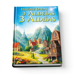 An enchanting book cover titled 'História das 3 Aldeias: Aldeia Amarela, Aldeia Diamante e Aldeia dos Ricos', showcasing a vivid and realistic depiction of three unique village landscapes