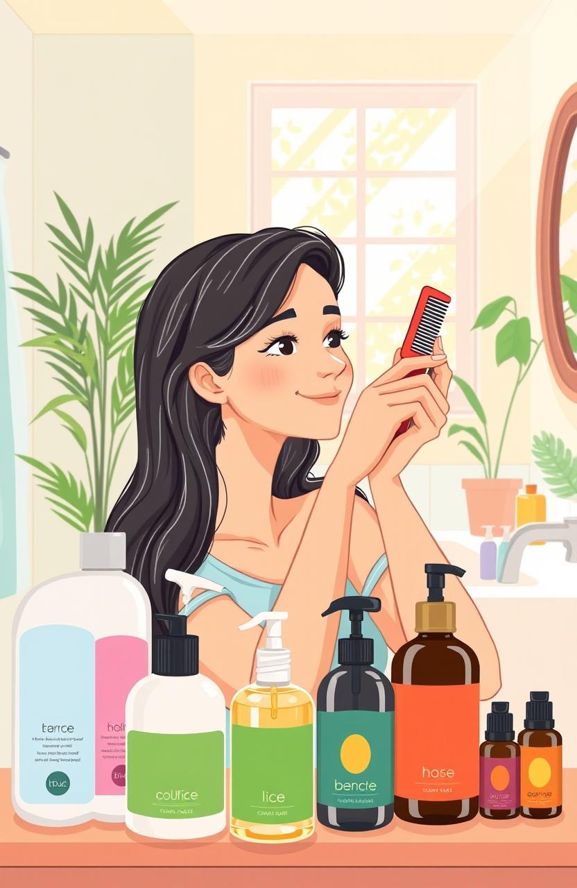 Illustration of a person using a fine-toothed comb to check their hair for lice, surrounded by various lice prevention products such as shampoo, sprays, and essential oils