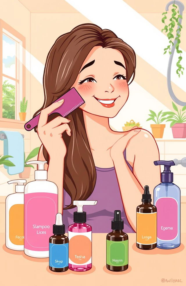 Illustration of a person using a fine-toothed comb to check their hair for lice, surrounded by various lice prevention products such as shampoo, sprays, and essential oils