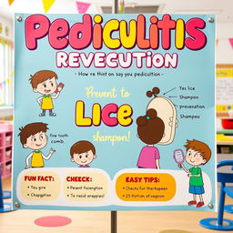 A colorful and engaging educational poster aimed at children, illustrating pediculitis prevention