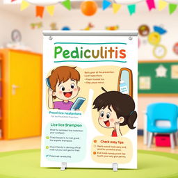 A colorful and engaging educational poster aimed at children, illustrating pediculitis prevention