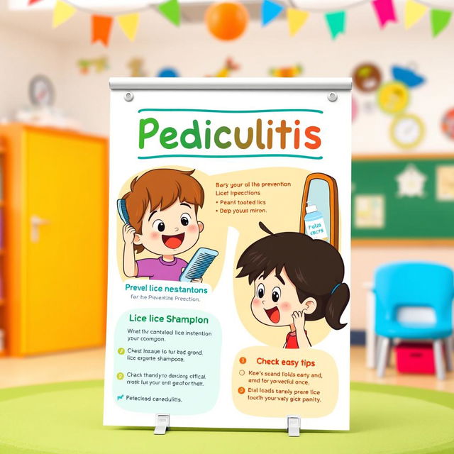 A colorful and engaging educational poster aimed at children, illustrating pediculitis prevention