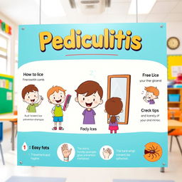 A colorful and engaging educational poster aimed at children, illustrating pediculitis prevention