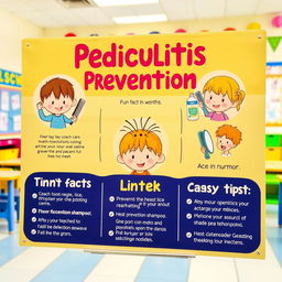 A colorful and engaging educational poster aimed at children, illustrating pediculitis prevention