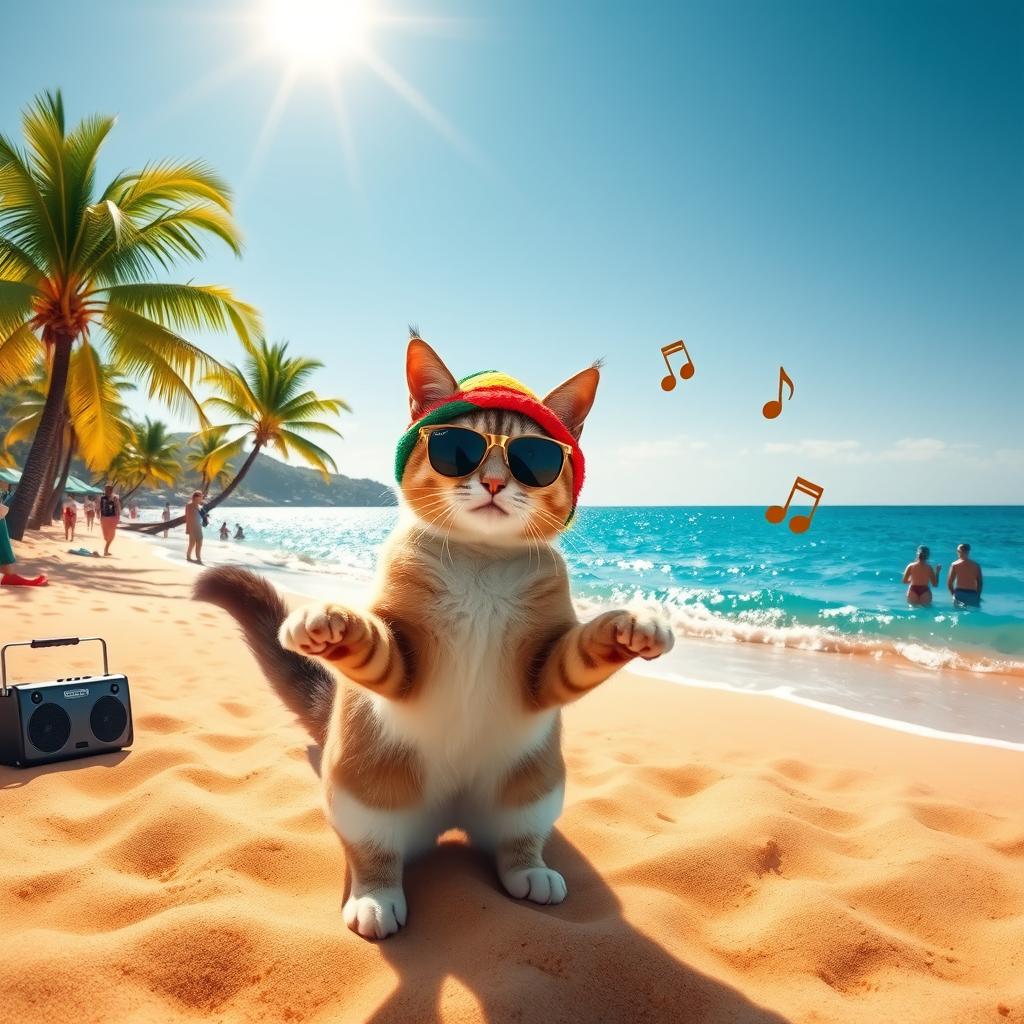 A fun and lively scene of a cat dancing reggae on the beach