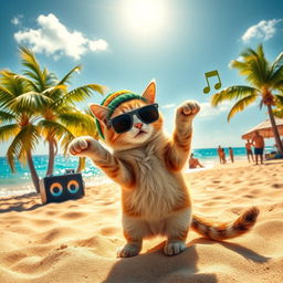 A fun and lively scene of a cat dancing reggae on the beach