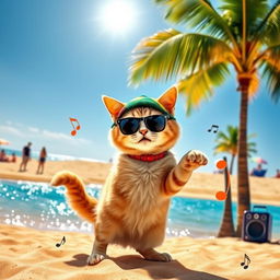 A fun and lively scene of a cat dancing reggae on the beach