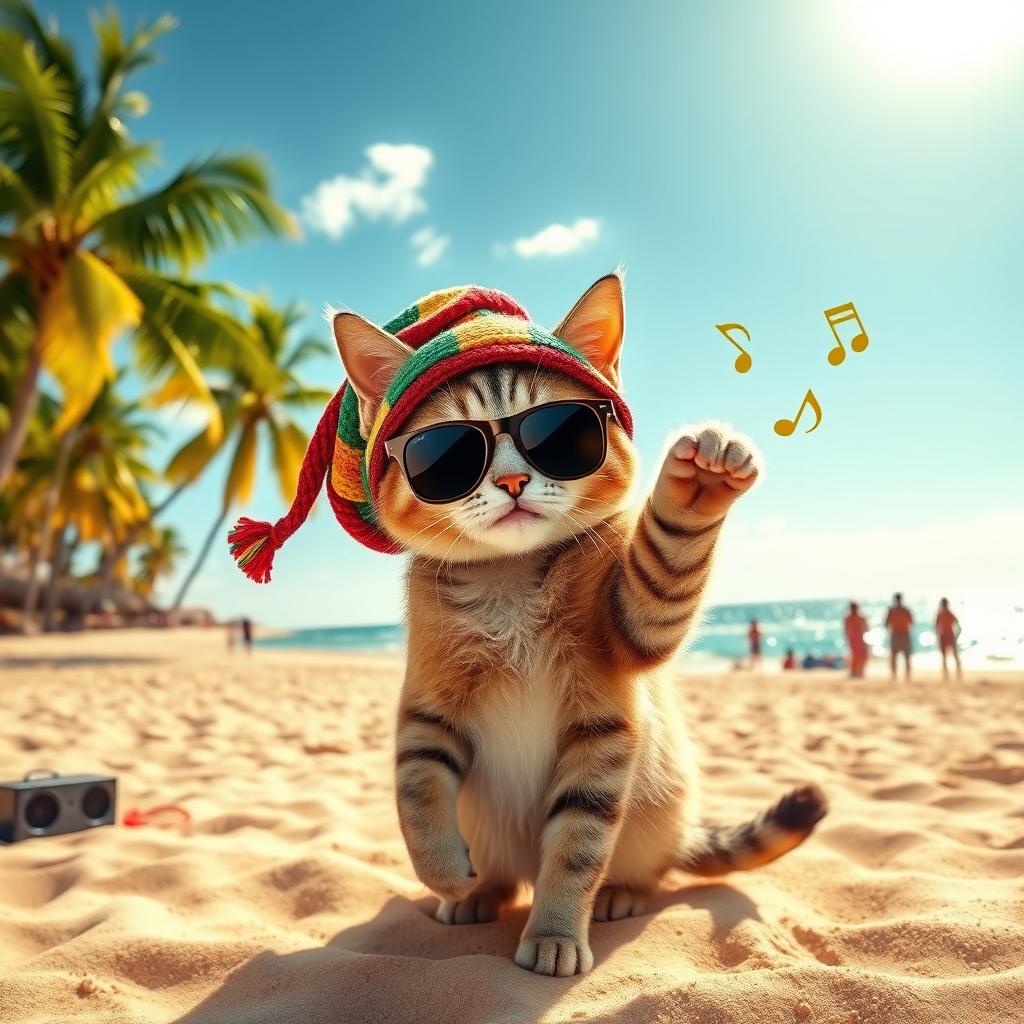 A fun and lively scene of a cat dancing reggae on the beach