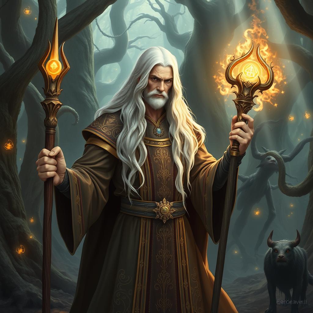 A human mage with long white hair, wearing an ornate robe adorned with mystical symbols