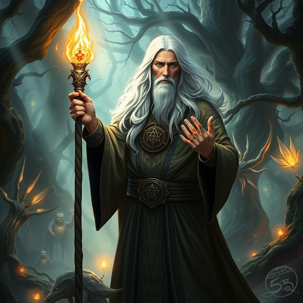 A human mage with long white hair, wearing an ornate robe adorned with mystical symbols