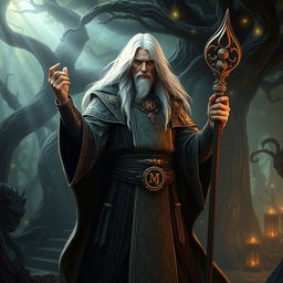 A human mage with long white hair, wearing an ornate robe adorned with mystical symbols