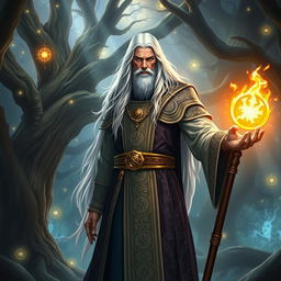 A human mage with long white hair, wearing an ornate robe adorned with mystical symbols