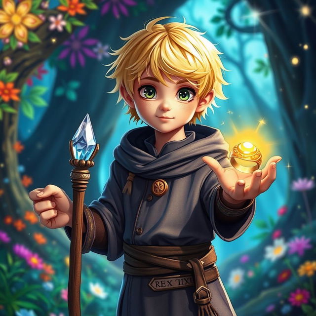 A young human mage with short, bright blonde hair, wearing an intricately designed robe decorated with runes and symbols