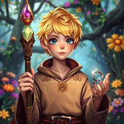 A young human mage with short, bright blonde hair, wearing an intricately designed robe decorated with runes and symbols