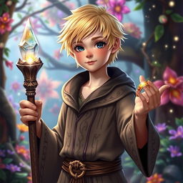 A young human mage with short, bright blonde hair, wearing an intricately designed robe decorated with runes and symbols