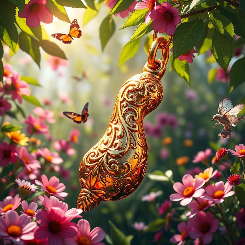 A highly detailed, artistically rendered representation of a lucky, golden charm in the shape of a stylized phallus, set against a lush, vibrant background filled with colorful flowers and greens