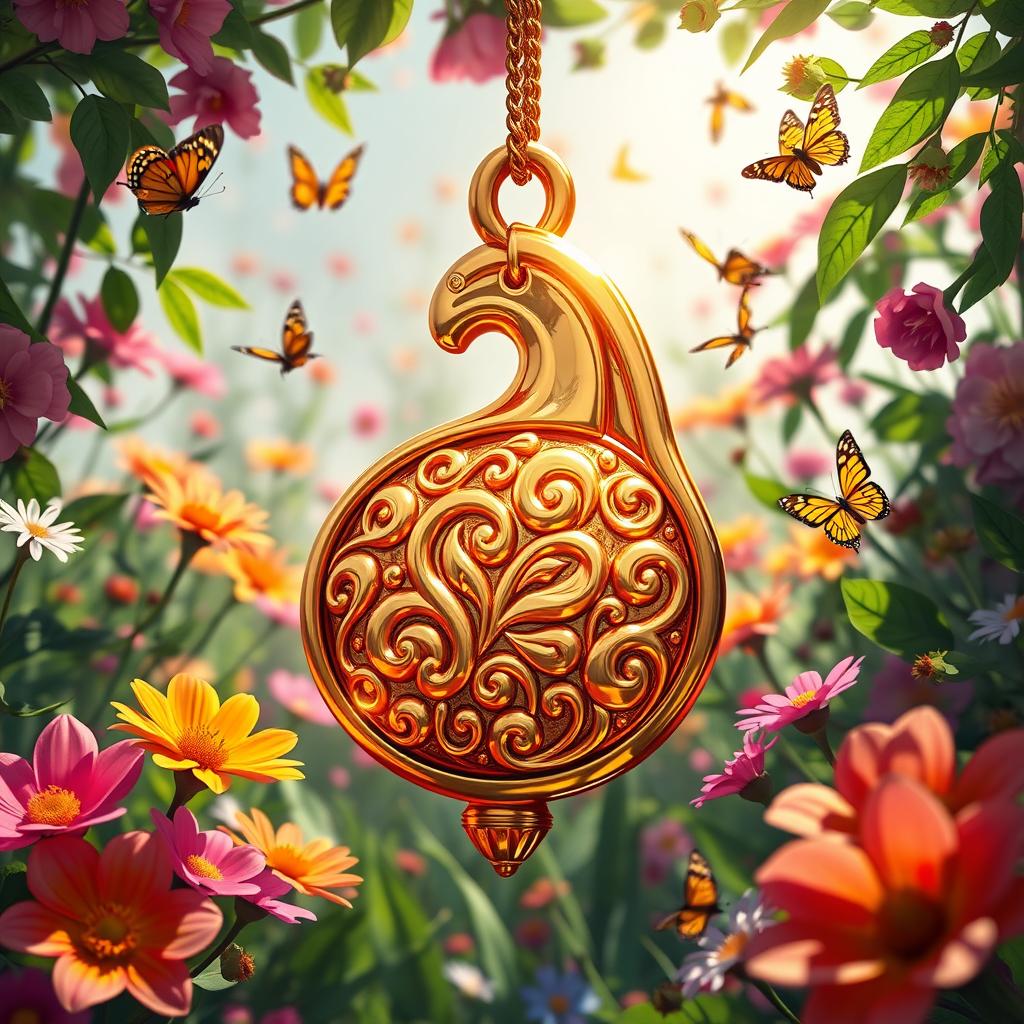 A highly detailed, artistically rendered representation of a lucky, golden charm in the shape of a stylized phallus, set against a lush, vibrant background filled with colorful flowers and greens